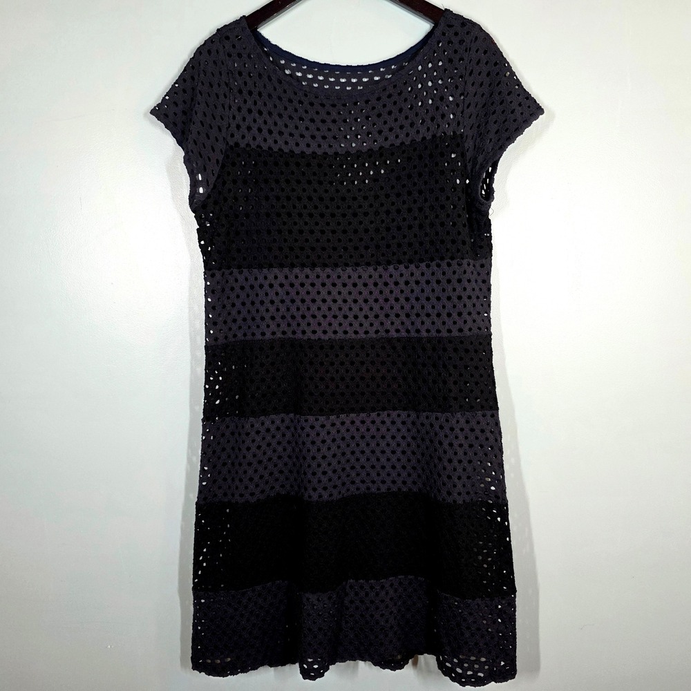 Weston‎ Anthropology Navy Blue Black Stripe Crochet Lined Shift Dress Size Large
